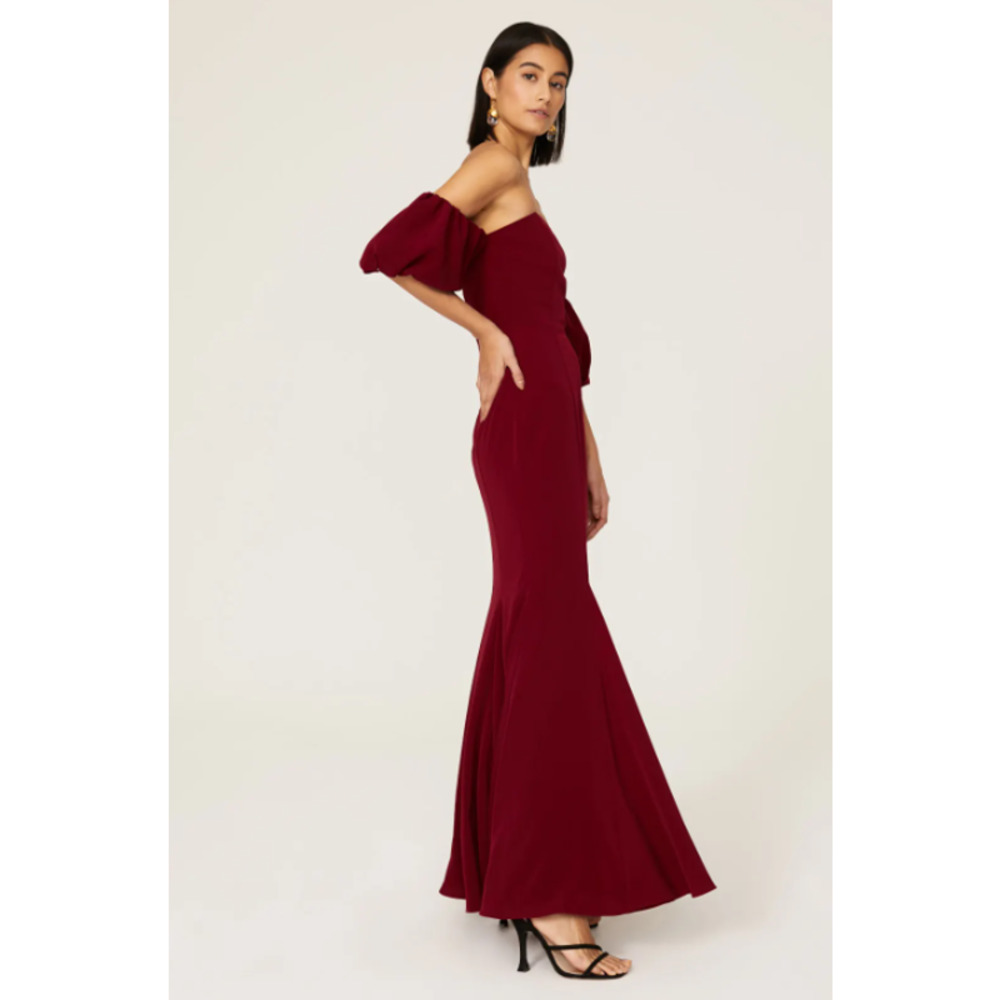 Fame and Partners Off-Shoulder Burgundy Maxi Dress